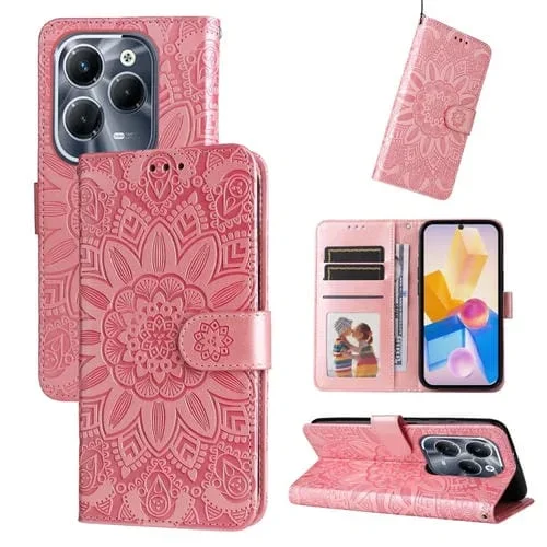 Funda de Cuero con Estampado de Girasoles en Relieve para Infinix Hot 40 y Hot 40 Pro (Rosa)