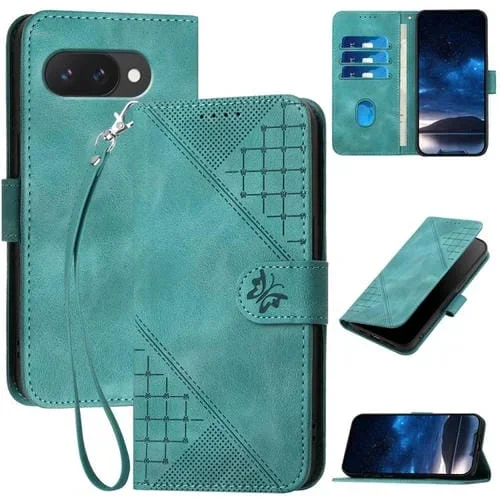Funda de Cuero con Estampado de Mariposas en Relieve y Cuadrícula para Google Pixel 9A con Cordón (Azul Claro)
