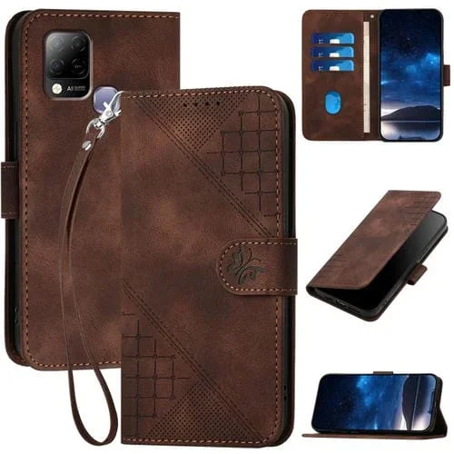 Funda de Cuero con Estampado de Mariposas En Relieve y Cuadrícula para Infinix Hot 10T/Hot 10S (Café)