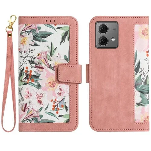 Funda de Cuero con Estampado Floral y Cordón para Motorola Moto G84 (Rosa)