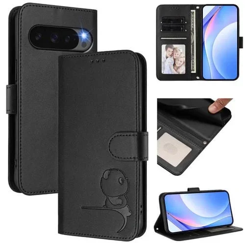 Funda de cuero con estampado RFID y cordón para Google Pixel 9/9 Pro (negro)
