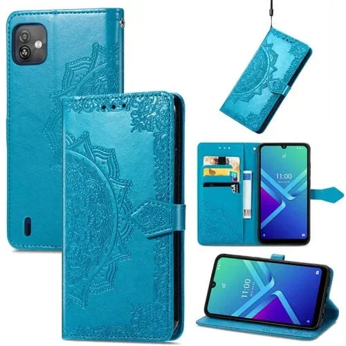 Funda de Cuero con Goma En Relieve para Wiko Y82 Mandala Flower (Azul)