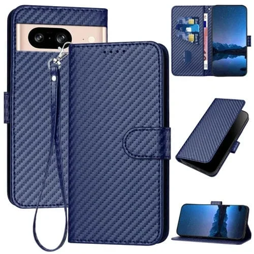 Funda de Cuero con Hebilla de Fibra de Carbono para Google Pixel 8 Yx0070 con Cordón (Azul Real)