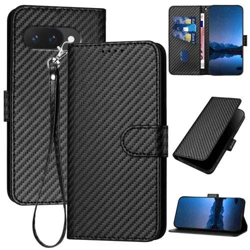 Funda de Cuero con Hebilla de Fibra de Carbono para Google Pixel 9A Yx0070 con Cordón (Negro)