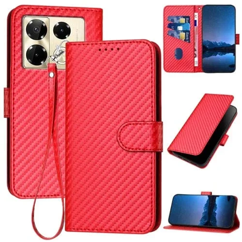Funda de Cuero con Hebilla de Fibra de Carbono para Infinix Note 40 Pro 4G/5G Yx0070 con Cordón (Rojo)