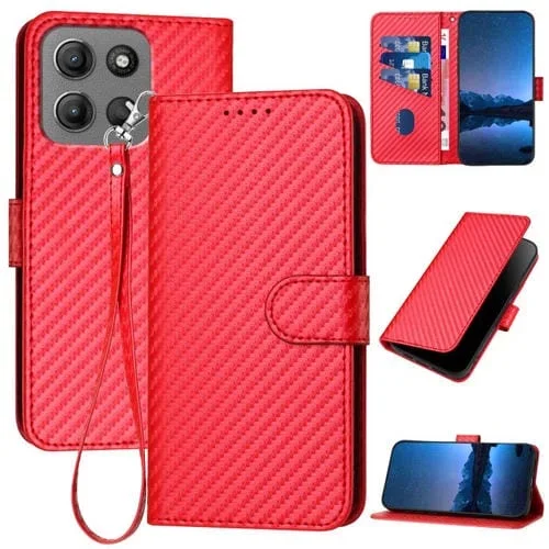 Funda de Cuero con Hebilla de Fibra de Carbono para Motorola Moto G15 Yx0070 con Cordón (Rojo)