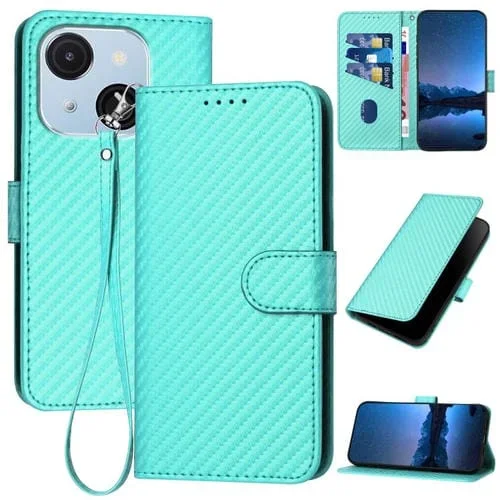 Funda de Cuero con Hebilla de Fibra de Carbono para Teléfono Itel A50C Yx0070 con Cordón (Azul Claro)