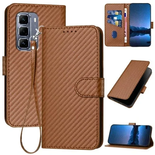 Funda de Cuero con Hebilla de Fibra de Carbono y Cordón para Infinix Hot 50 Pro+ 4G Yx0070 (Café)