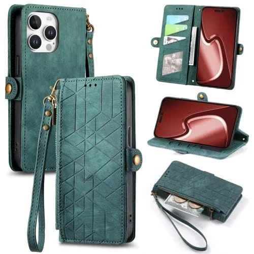 Funda de Cuero con Hebilla Lateral y Cremallera Geométrica para iPhone 16 Pro (Verde)