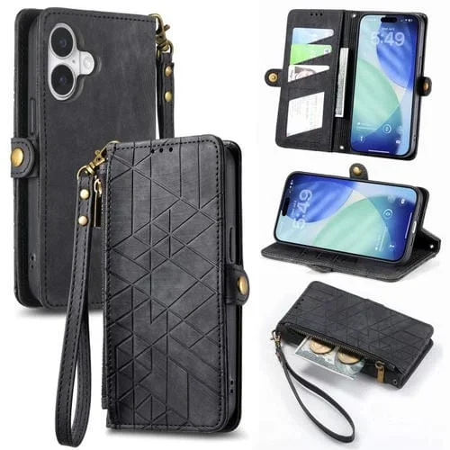 Funda de cuero con hebilla lateral y cremallera geométrica para iPhone 17 (negra)