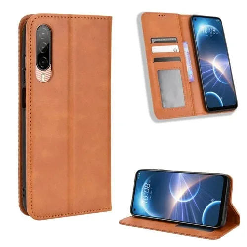 Funda de Cuero con Hebilla Magnética para HTC Desire 22 Pro Textura Retro (Marrón)