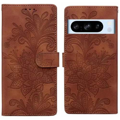 Funda de Cuero con Hebilla Magnética y Diseño Floral en Relieve para Google Pixel 8 Pro (Marrón)