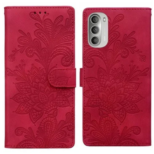 Funda de Cuero con Hebilla Magnética y Diseño Floral para Motorola Moto G51 5G (Rojo)