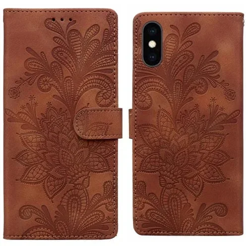 Funda de Cuero con Hebilla Magnética y Encaje Floral En Relieve para iPhone Xs Max (Marrón)