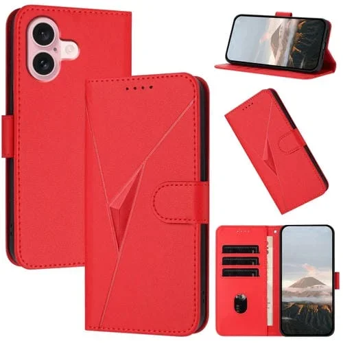 Funda de Cuero con Hebilla y Diseño de Triángulos para iPhone 16 (Rojo)