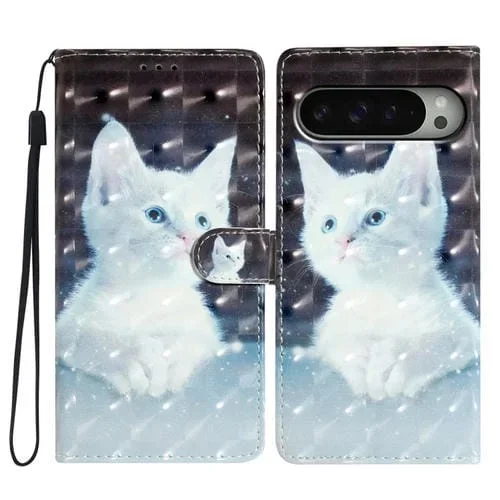 Funda de Cuero con Patrón 3D para Google Pixel 9/9 Pro (Gato Blanco)