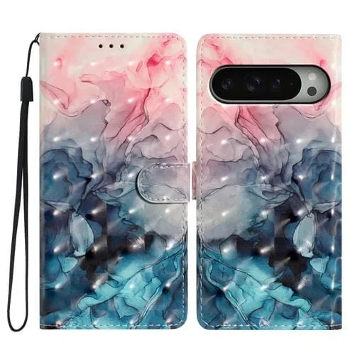 Funda de Cuero con Patrón 3D para Google Pixel 9 y 9 Pro (Mármol Azul Rosa 3D)