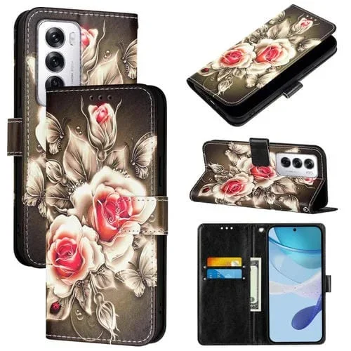 Funda de Cuero con Patrón de Dibujo de Colores para Oppo Reno12 Global (Rosas Sobre Negro)