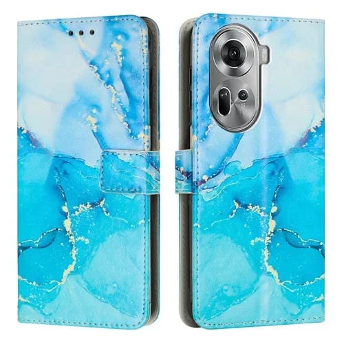 Funda de Cuero con Patrón de Mármol Pintado para Teléfono Oppo Reno11 5G Global (Azul Verde)