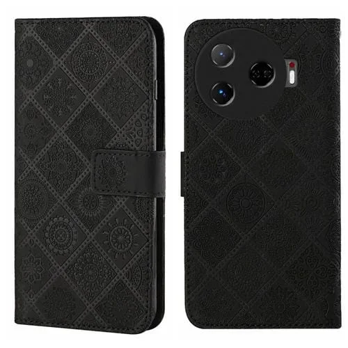 Funda de Cuero con Patrón en Relieve Estilo Étnico para Tecno Camon 30 Pro 5G (Negro)