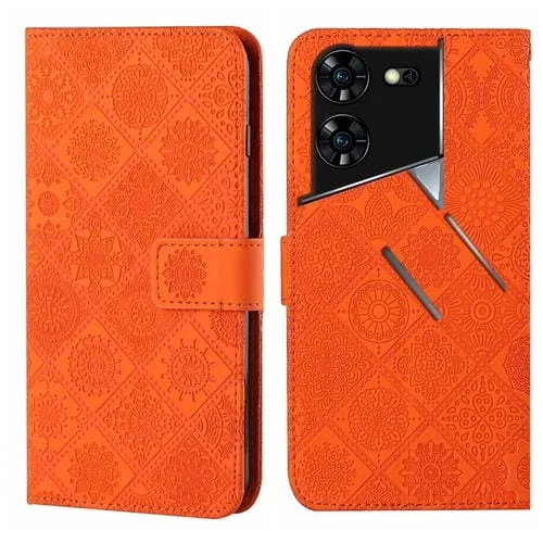 Funda de Cuero con Patrón en Relieve Estilo Étnico para Tecno Pova 5 Pro (Naranja)