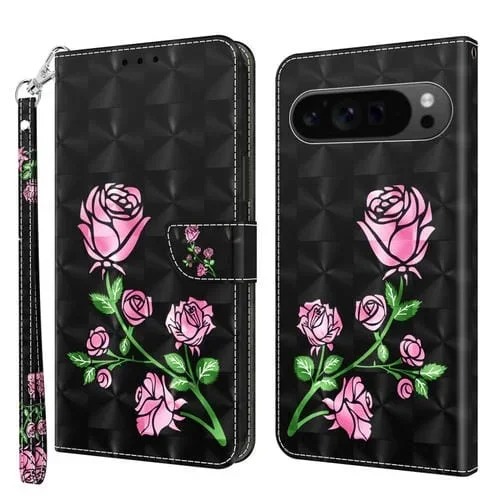 Funda de Cuero con Patrón Pintado en 3D para Google Pixel 9 Pro XL (Rosa)