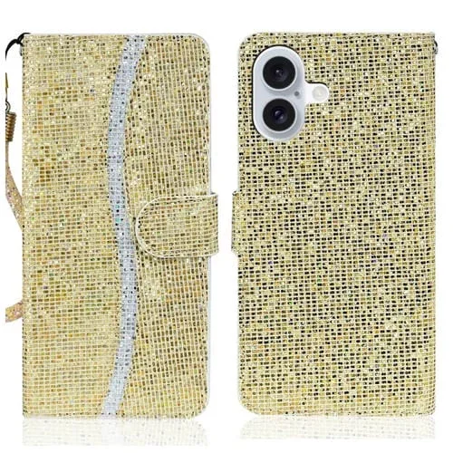 Funda de Cuero con Purpurina para iPhone 16 Plus (Dorada)