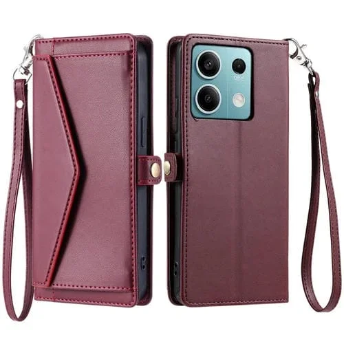 Funda de Cuero con Ranura para Múltiples Tarjetas y Billetera Global para Redmi Note 13 5G con Cordón (Rojo Vino)