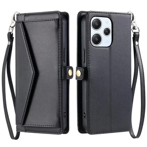 Funda de Cuero con Ranura para Múltiples Tarjetas y Cordón para Redmi Note 12R (Negro)
