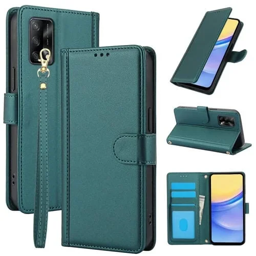 Funda de Cuero con Ranuras para Tarjetas y Diseño de Piel Sintética de Color Puro para Oppo A74 4G/A95 4G con Cordón Doble (Verde)