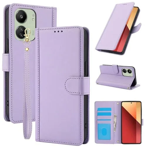 Funda de Cuero con Ranuras para Tarjetas y Doble Cordón para Redmi 13C 4G / Poco C65 / Poco M6 5G Skin Feel Pure Color (Morado)