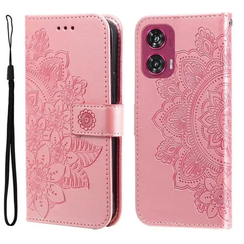 Funda de Cuero con Relieve de Flores de Siete Pétalos para Motorola Edge 50 Fusion (Oro Rosa)