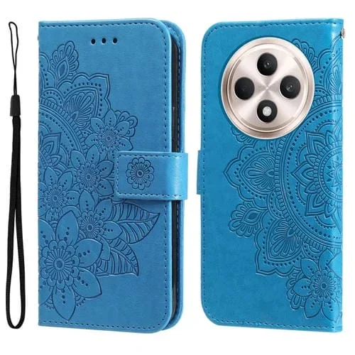 Funda de Cuero con Relieve de Flores de Siete Pétalos para Oppo Reno12 F 5G Global (Azul)