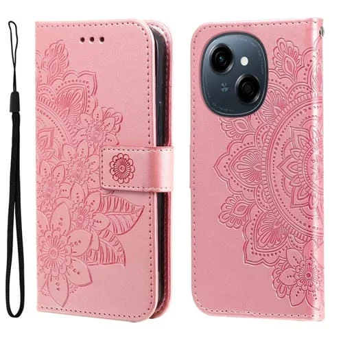Funda de Cuero con Relieve de Flores de Siete Pétalos para Tecno Spark Go 1 / Pop 9 / Spark Go 2025 (Oro Rosa)