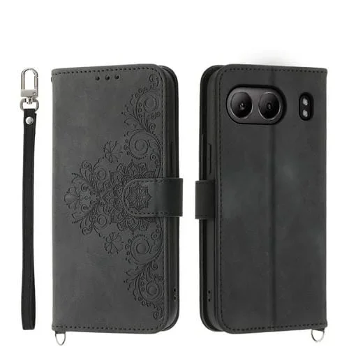 Funda de Cuero con Relieve de Flores para OnePlus Nord 4 5G (Negra)