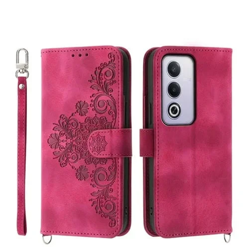 Funda de Cuero con Relieve de Flores y Tacto de Piel para Oppo A3 Pro 5G (Rojo Vino)