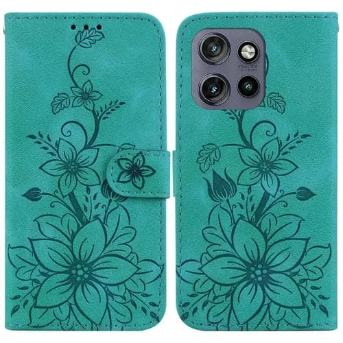 Funda de Cuero con Relieve de Lirio para Motorola Edge 50 Neo 5G Global (Verde)