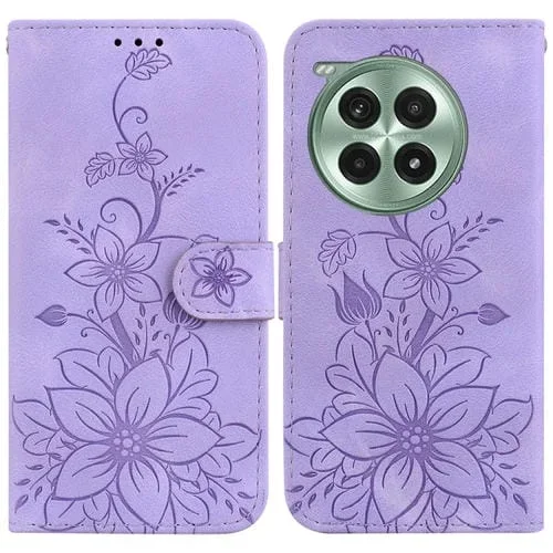 Funda de Cuero con Relieve de Lirios para OnePlus Ace 3 Pro (Morado)