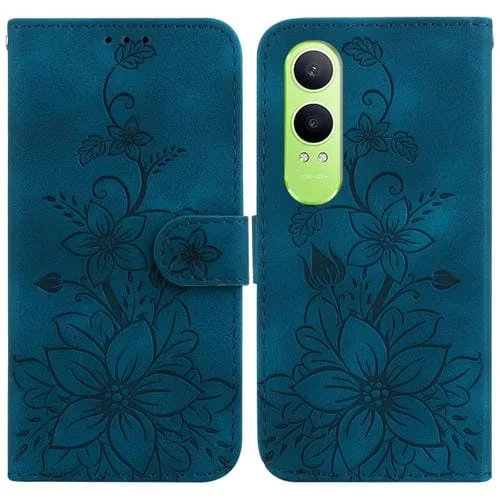 Funda de Cuero con Relieve de Lirios para OnePlus Nord Ce4 Lite (Azul Oscuro)