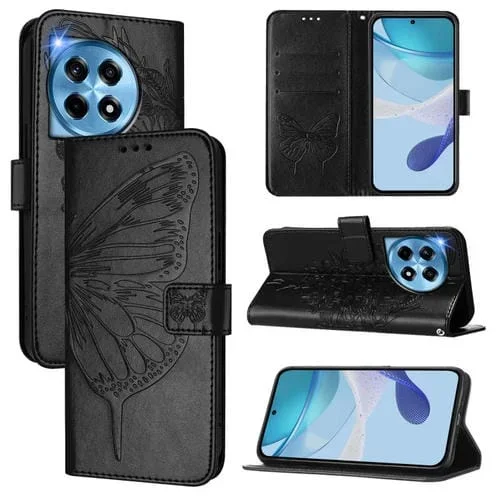 Funda de Cuero con Relieve de Mariposa para OnePlus 12R 5G (Negra)