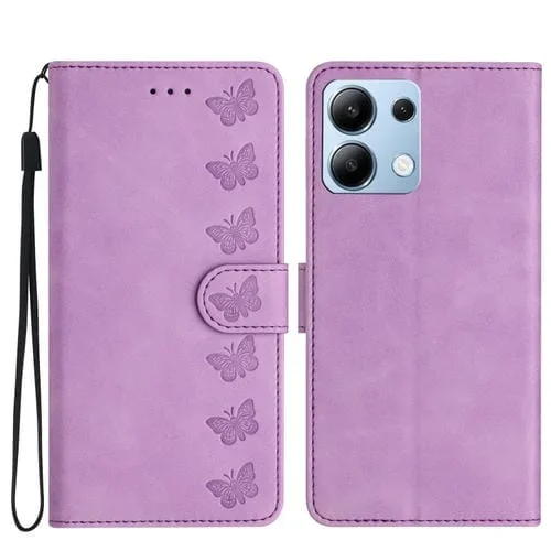 Funda de Cuero con Relieve de Siete Mariposas para Redmi Note 13 4G (Morado)