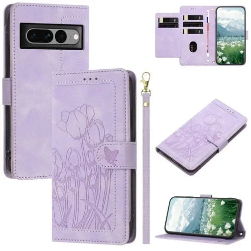 Funda de Cuero con Relieve de Tulipanes para Google Pixel 7 Pro con Cordón (Morado)