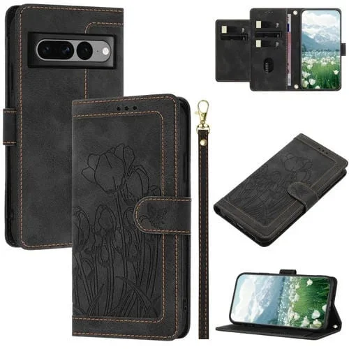 Funda de Cuero con Relieve de Tulipanes para Google Pixel 7 Pro con Cordón (Negro)