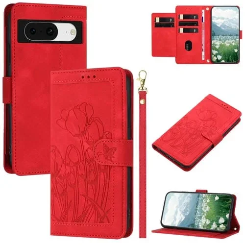 Funda de Cuero con Relieve de Tulipanes para Google Pixel 8 con Cordón (Rojo)