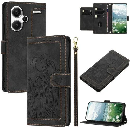 Funda de Cuero con Relieve de Tulipanes para Redmi Note 13 Pro+ 5G con Cordón (Negro)