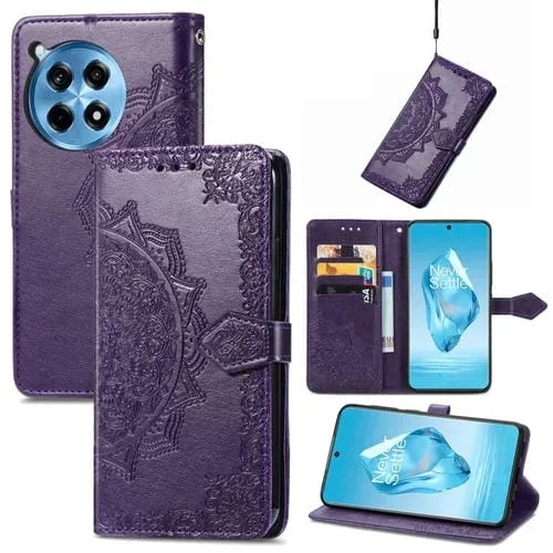 Funda de Cuero con Relieve Flor de Mandala para OnePlus Ace 3 Pro (Morado)