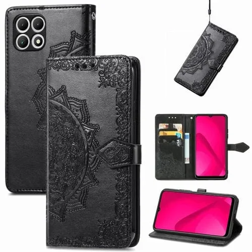 Funda de Cuero con Relieve Flor de Mandala para Teléfono T-Mobile Revvl 7 5G (Negro)
