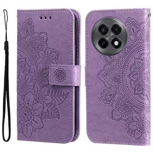 Funda de Cuero con Relieve Flores Siete Pétalos para OnePlus 13R Ace 5 Ace 5 Pro (Morado Claro)