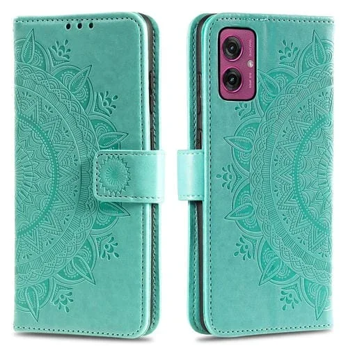 Funda de Cuero con Relieve Flores y Tótem para Motorola Moto G55 con Cordón (Verde)