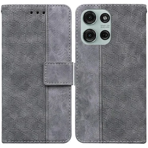 Funda de Cuero con Relieve Geométrico para Motorola Moto G75 5G (Gris)